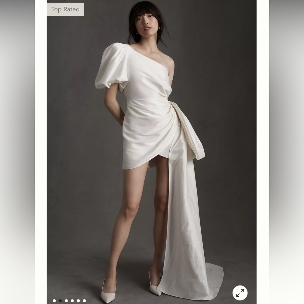 SOLD- Sachin & Babi Dorien Puffed One-Shoulder Bow Train Wrap Mini Dress 8